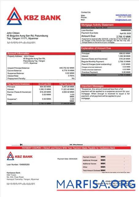 Realistic Myanmar Kanbawza Bank mortgage statement Word and PDF template